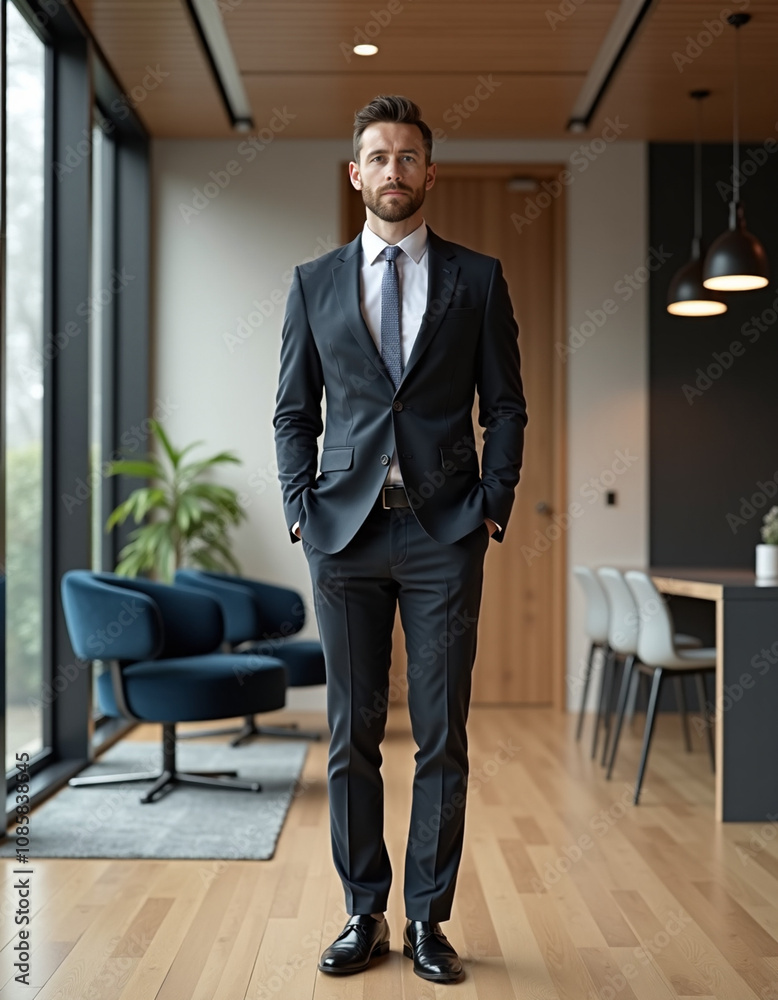 Modern office, Full length and full frontal photo of a handsome accountant Modern office, Full length and full frontal photo of a handsome accountant