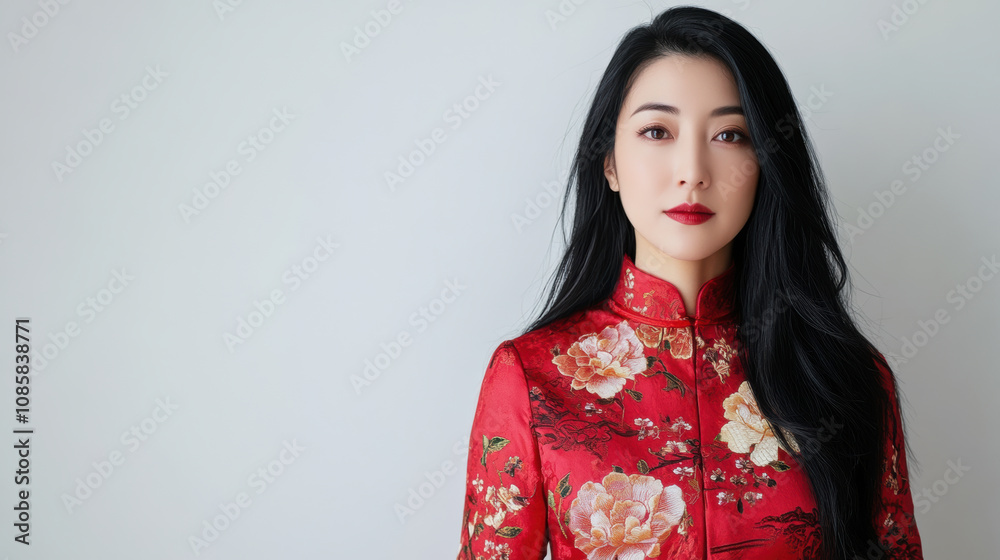 Serene woman in red floral qipao poised expression Serene woman in red floral qipao poised expression