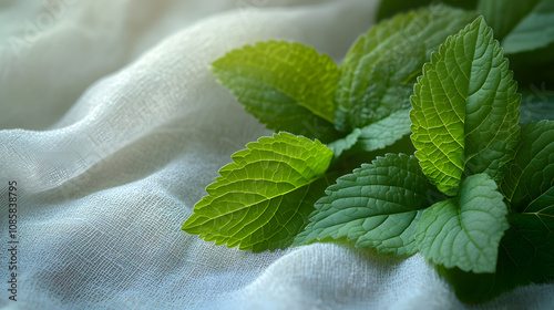 Artistic Close-Up of Lemon Balm Leaves on Textured White Canvas for Eco-Friendly Brand Marketing and Promotion photo