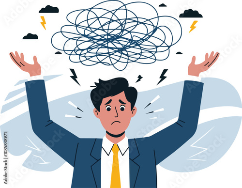 businessman stressed under chaotic thoughts and pressure vector illustration.

