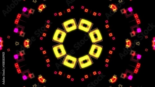 Kaleidoscopic Neon Square Pattern with Central Golden Hexagon