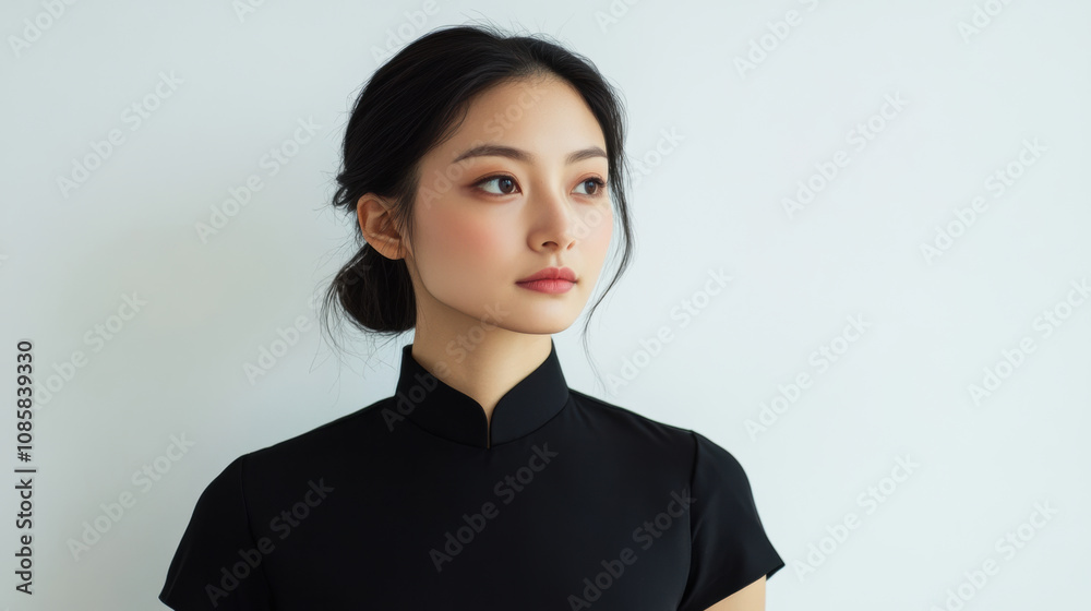 Serene woman in black Qipao pensive expression Serene woman in black Qipao pensive expression