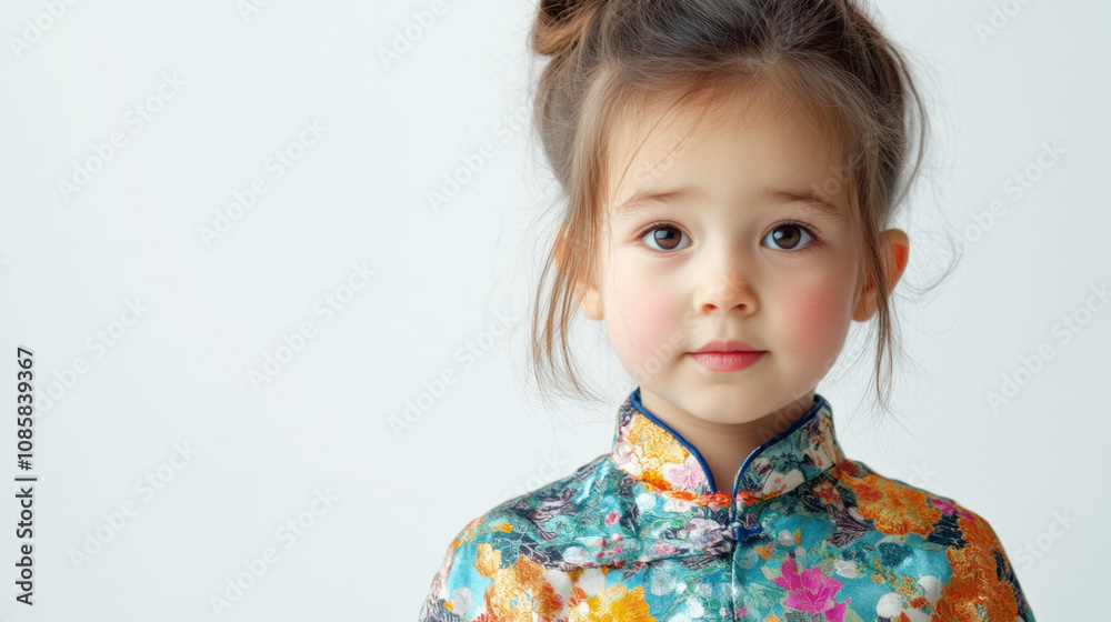 curious young girl in colorful Qipao, her expression blend of wonder and serenity curious young girl in colorful Qipao, her expression blend of wonder and serenity