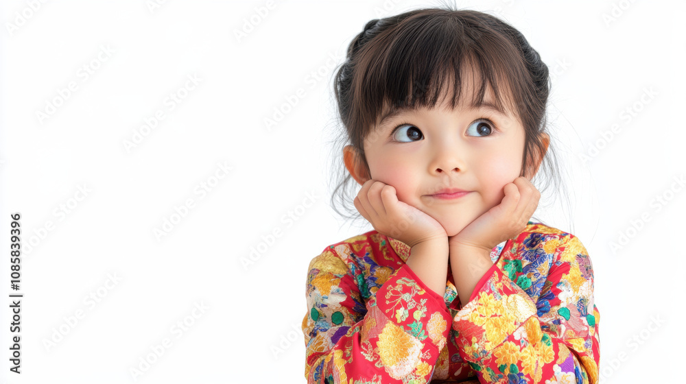 Curious girl in colorful Qipao playful expression Curious girl in colorful Qipao playful expression