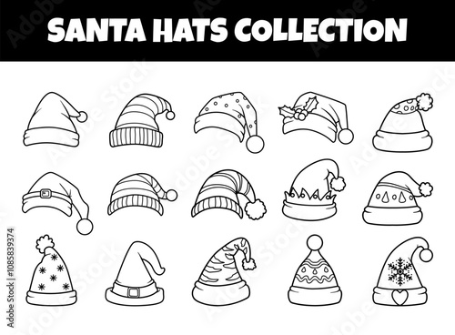 Santa hats outline vector illustration set