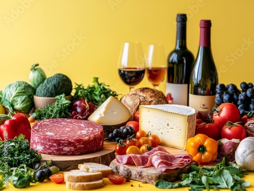 A colorful spread of cheese, ham, fruits, and vegetables on a bright yellow tabletop display