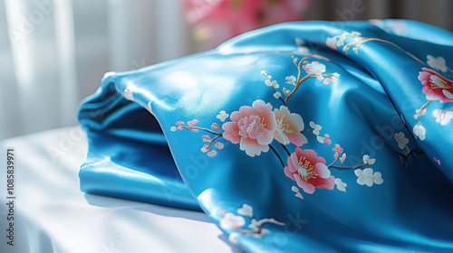 Elegant blue silk fabric with floral pattern folded neatly. Peaceful, serene aesthetic