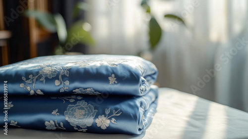 Serene blue silk qipao, neatly folded, exudes elegance and tranquility
