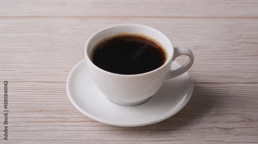 A simple white cup filled with black coffee, placed on a saucer against a light wooden background. A simple white cup filled with black coffee, placed on a saucer against a light wooden background.