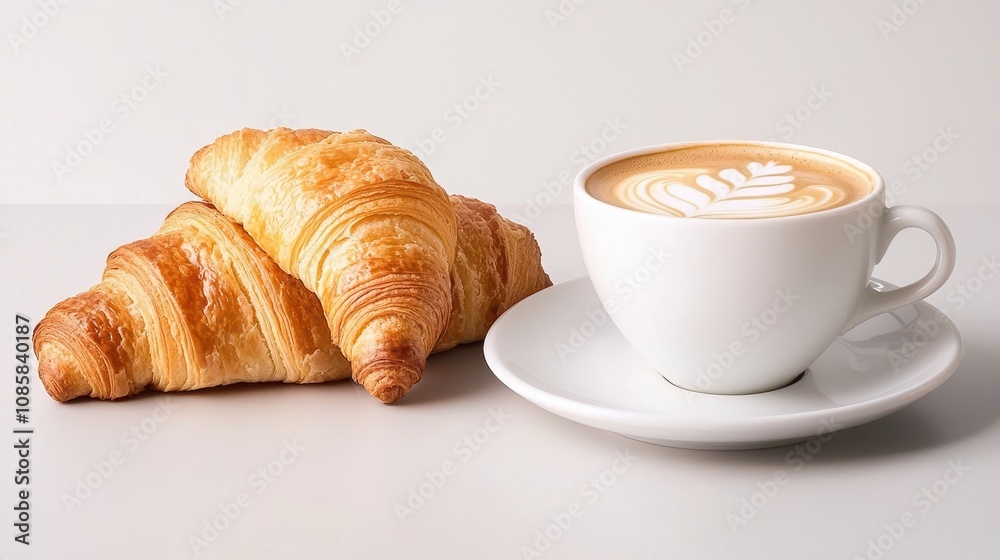 A cozy breakfast scene featuring two flaky croissants beside a beautifully crafted cup of latte on a white table. A cozy breakfast scene featuring two flaky croissants beside a beautifully crafted cup of latte on a white table.