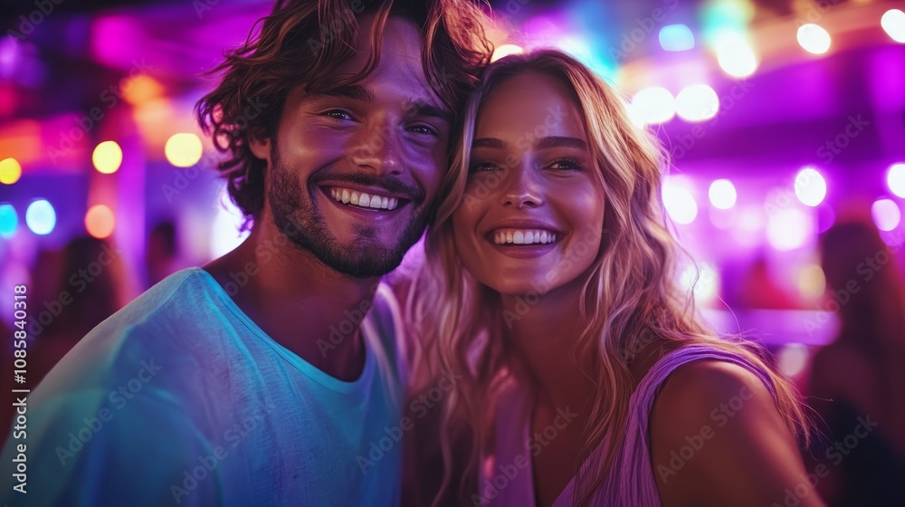 Happy young couple smiling at a vibrant music festival. Happy young couple smiling at a vibrant music festival.