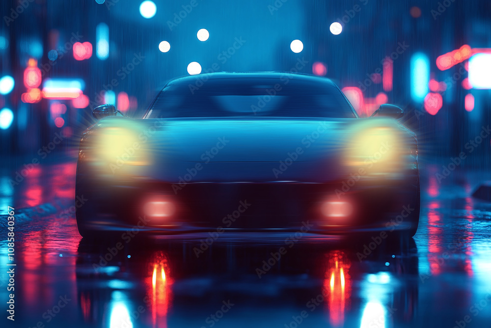 sleek sports car illuminated by neon lights on a rainy city street at night