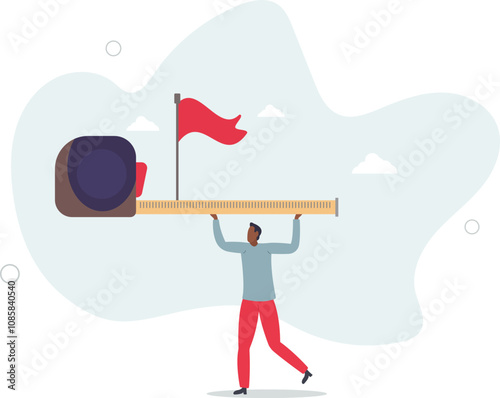 growth metric analysis concept, smart businessman using measuring tape to measure and analyze distance from target flag.