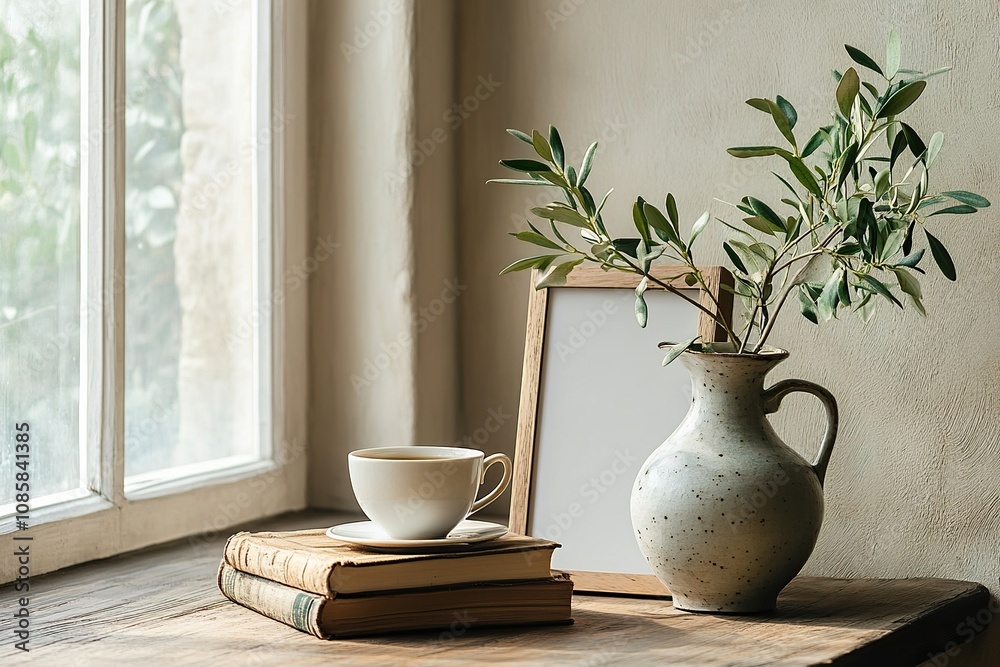 Modern vase with olive branches, old books. Blank horizontal wooden picture frame mockup. Home office table near window. Minimal Scandi boho interior. Cup of tea, coffee, beige wall background Modern vase with olive branches, old books. Blank horizontal wooden picture frame mockup. Home office table near window. Minimal Scandi boho interior. Cup of tea, coffee, beige wall background