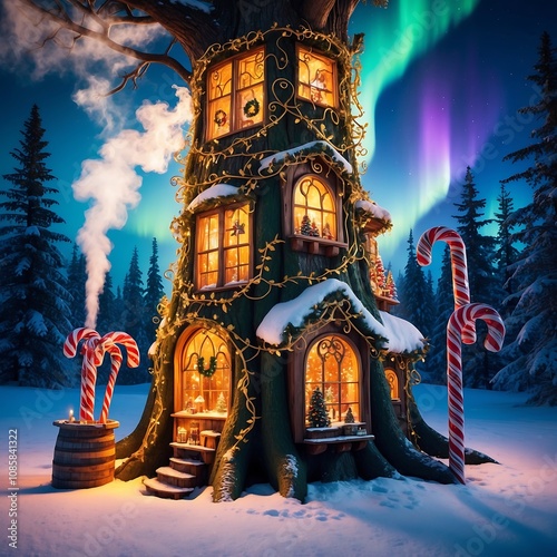A mystical view of Santa's Workshop, built into the trunk of an ancient, glowing evergreen tree, with golden