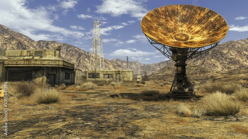 Abandoned Desert Landscape with Satellite Dish and Ruins, Surrounded by Dry Grass and Mountainous Terrain Under a Dramatic Sky photo