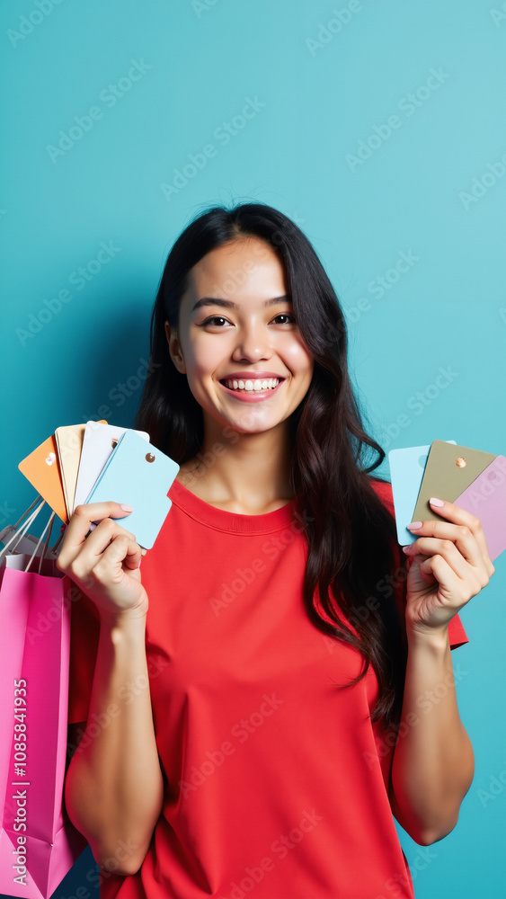 Joyful Woman with Credit Cards and Shopping Bags: Perfect for Retail, E-commerce, or Financial Services Advertising Joyful Woman with Credit Cards and Shopping Bags: Perfect for Retail, E-commerce, or Financial Services Advertising