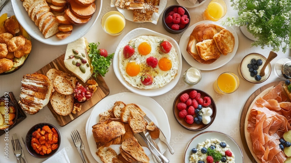 A sumptuous breakfast spread at an upscale hotel that includes a range of dishes from a contemporary resort buffet A sumptuous breakfast spread at an upscale hotel that includes a range of dishes from a contemporary resort buffet