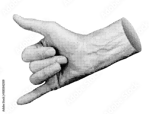 Hand gesture making the shaka sign with thumb and pinky extended, symbolizing surfing and Hawaiian culture. Isolated in retro halftone dot style, inspired by nostalgic 1990s