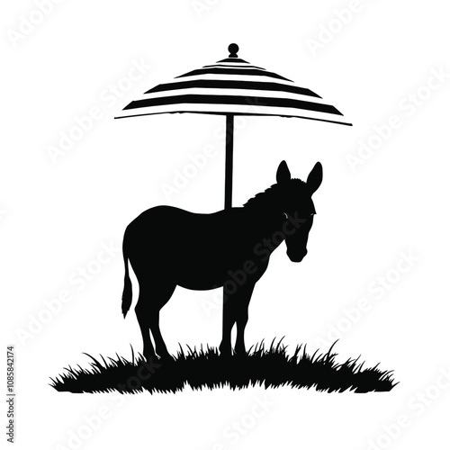 Under the umbrella, a donkey stands on grass calmly in the shade. vector silhouette