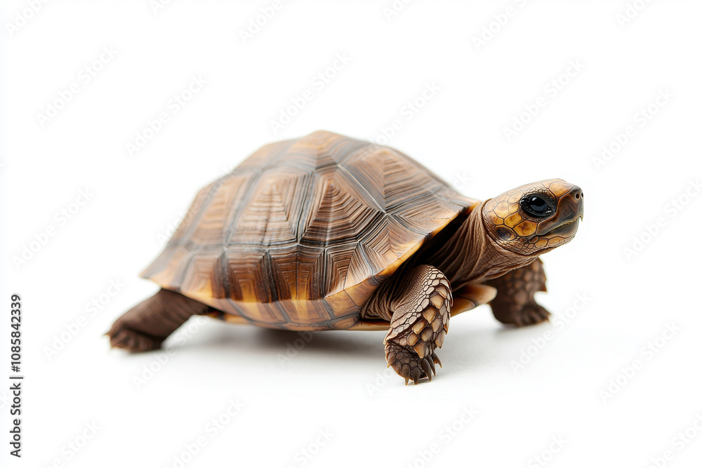 A close-up of a tortoise crawling on a white background, showcasing its unique shell patterns and textures. isolated on white background. A close-up of a tortoise crawling on a white background, showcasing its unique shell patterns and textures. isolated on white background.