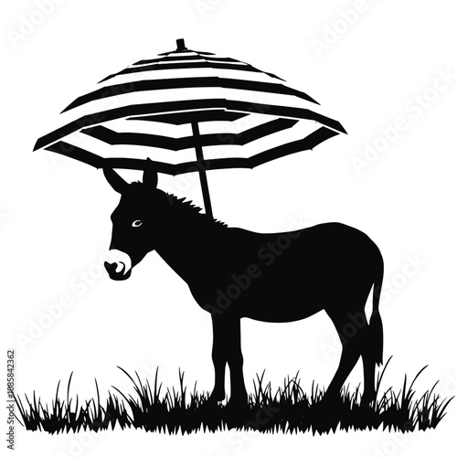 Under the umbrella, a donkey stands on grass calmly in the shade. vector silhouette