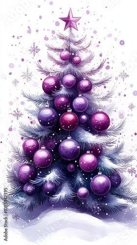 Cartoon-Style Christmas Tree with Purple Ornaments and Snowflakes, Simple and Cute Design, Vector Illustration for Holiday Projects