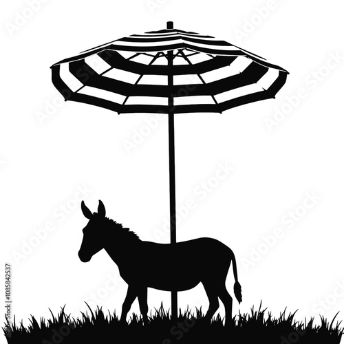 Under the umbrella, a donkey stands on grass calmly in the shade. vector silhouette