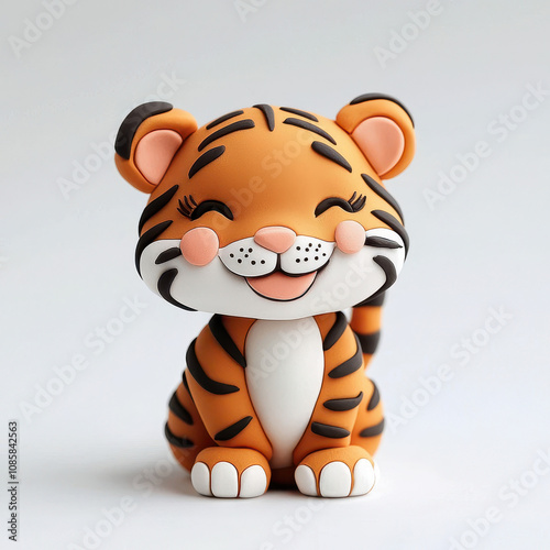 A cute cartoon-style tiger figurine, showcasing playful expressions with vibrant orange stripes and bright eyes, perfect for children's decor. isolated on white background.