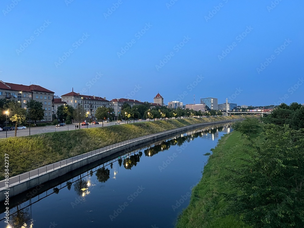 Fototapeta premium Kaunas panorama Nemunas island Zalgiris arena evening view