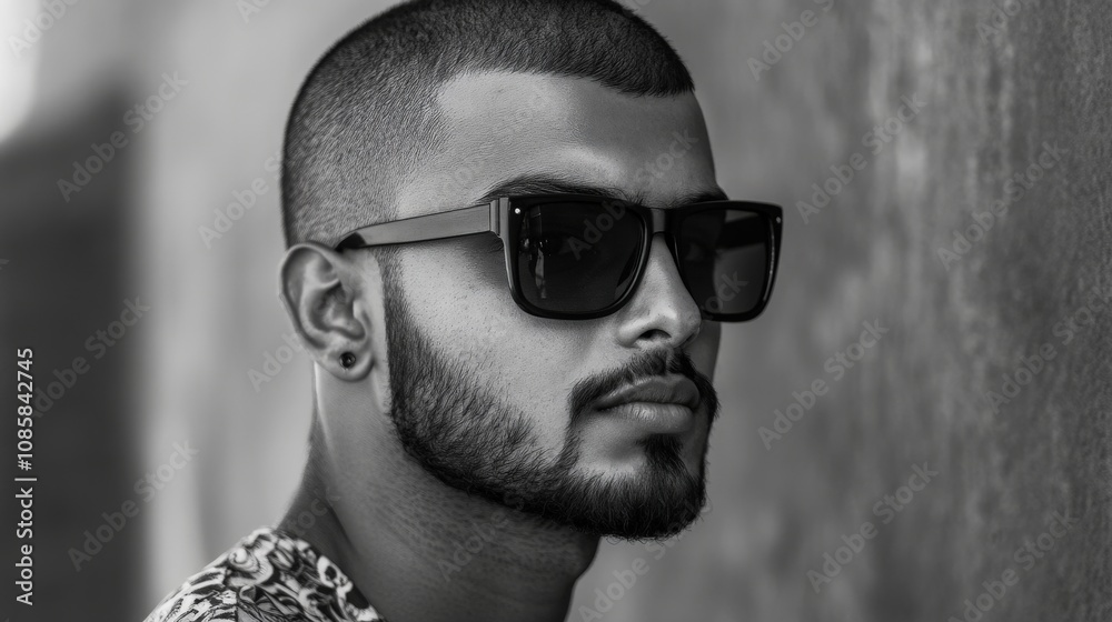 Fototapeta premium Close-up portrait of a young man wearing sunglasses and a beard