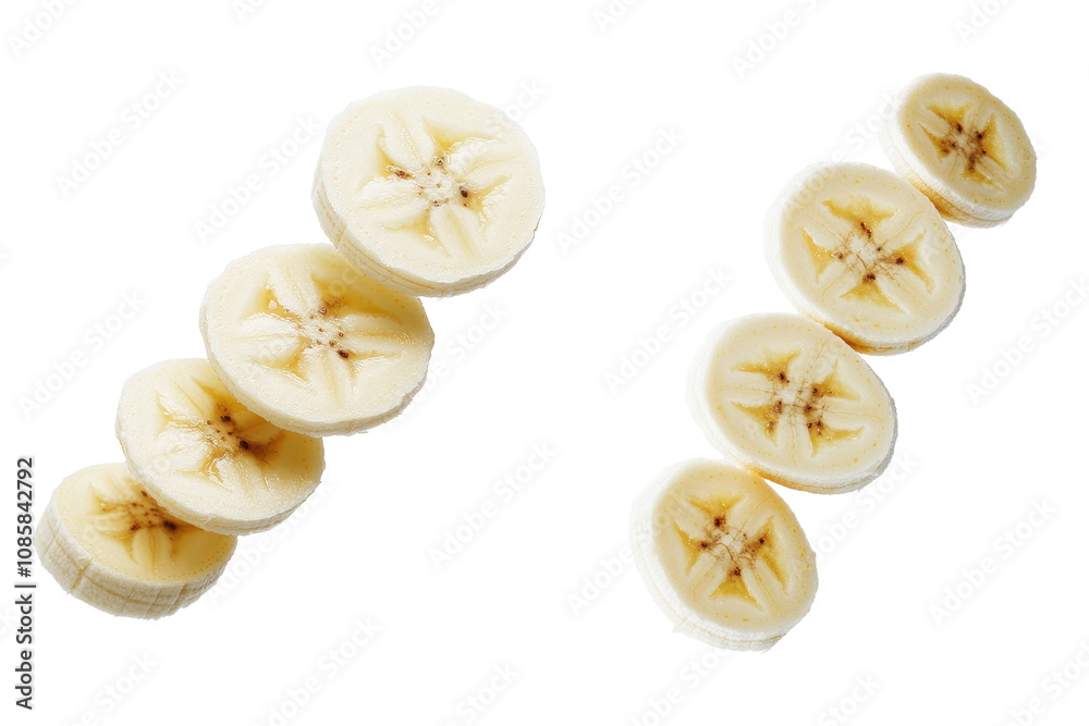 Sliced bananas arranged creatively on a white background for fresh and healthy imagery. transparent background Sliced bananas arranged creatively on a white background for fresh and healthy imagery. transparent background