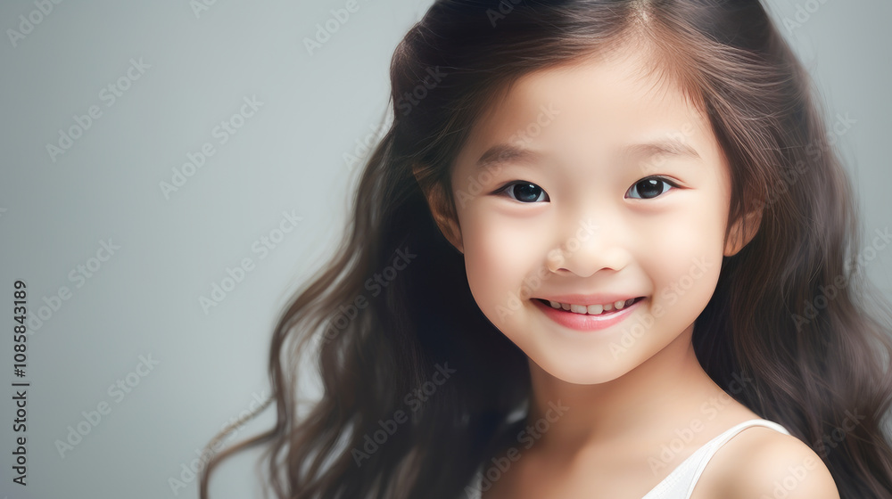 Portrait of smiling asian girl child with long white hair creamy gray background. Portrait of smiling asian girl child with long white hair creamy gray background.