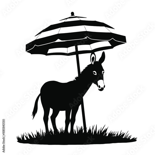 Under the umbrella, a donkey stands on grass calmly in the shade. vector silhouette
