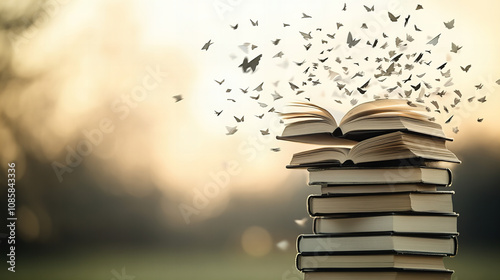 A stack of books with an open book releasing butterflies at sunset in a tranquil setting