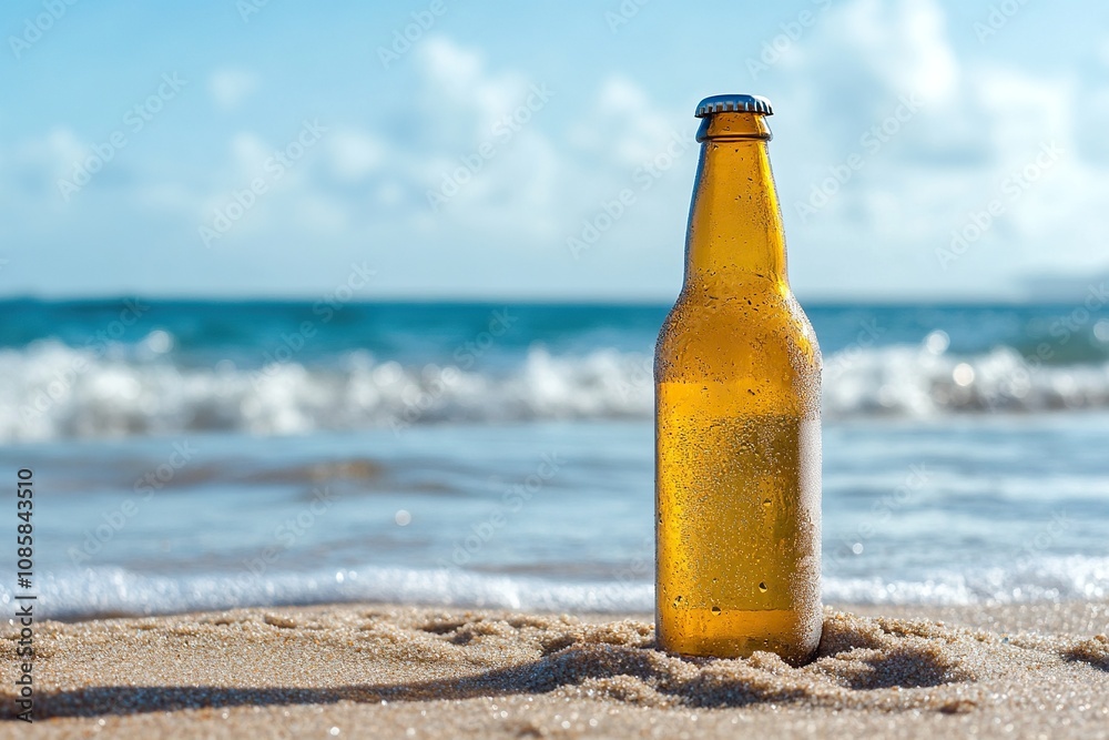 Photo of cold beer botle in the sand. Sparkling sea at the background. Photo of cold beer botle in the sand. Sparkling sea at the background.