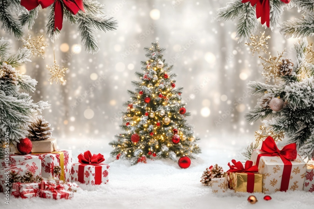 Christmas-themed product mockup space with a blurred background. Christmas trees and gift boxes. Snowy Christmas background.