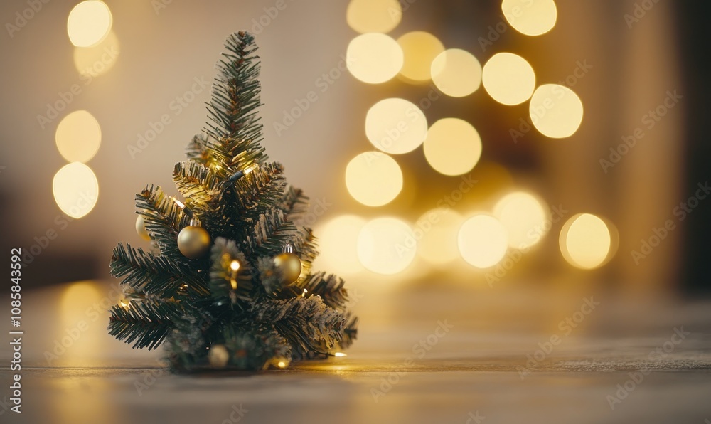 Christmas tree with decorations placed on the table. Gold lights and festive decorations. Blurred white and pale gold background, cozy atmosphere. Christmas tree with decorations placed on the table. Gold lights and festive decorations. Blurred white and pale gold background, cozy atmosphere.