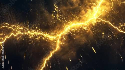 Golden Lightning Strike: A dramatic, high-resolution image of a vibrant golden lightning bolt slashing across a dark, stormy sky, with rain streaks adding to the intensity. Perfect for power, energy.