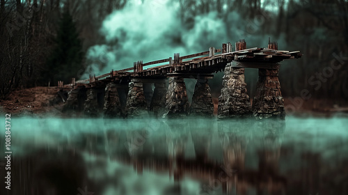 Mysterious old bridge over foggy water in a serene forest during early morning light