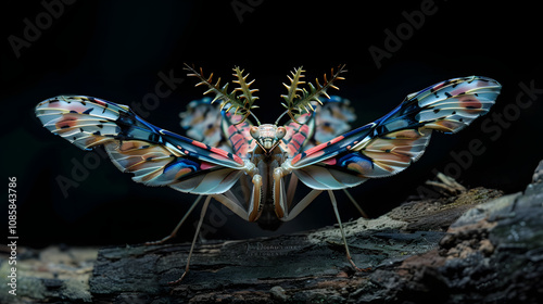 Amazing colorful Pseudocreobotra wahlbergii female. Spiny Flower Mantis show wings on black background photo