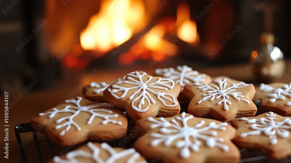 Star Shaped Gingerbread Cookies With Snowflake Icing Near Fireplace Star Shaped Gingerbread Cookies With Snowflake Icing Near Fireplace
