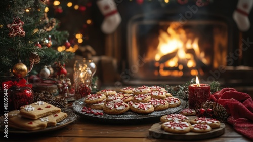 Festive Christmas Cookies Near A Cozy Fireplace