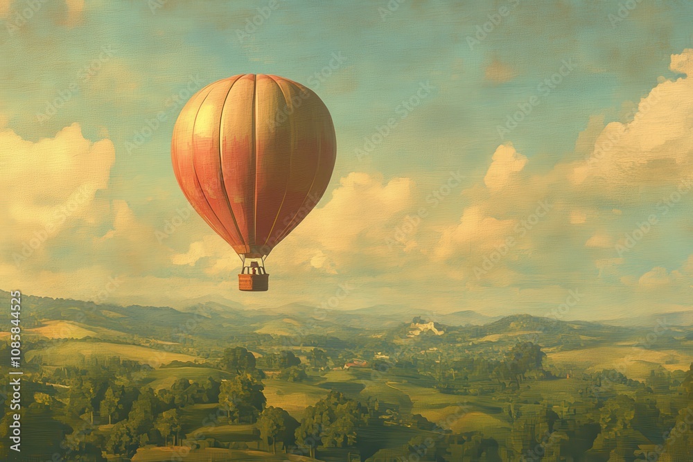 Obraz premium Vibrant Hot Air Balloon Floating Over Picturesque Valley