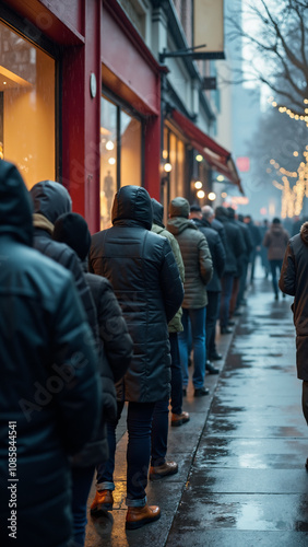 Urban Rainy Day Queue: Anticipation Outside Store for Special Event or Sale - Moody City Atmosphere