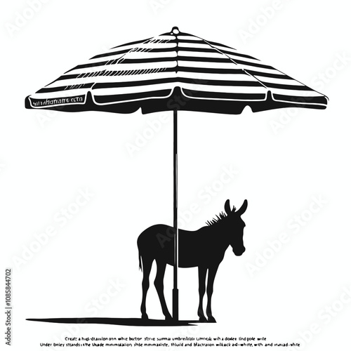 Under the umbrella, a donkey stands on grass calmly in the shade. vector silhouette