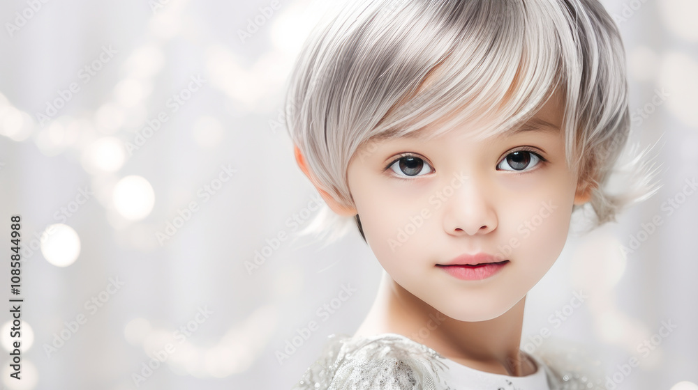 Portrait of smiling asian girl child with short white hair white background. Portrait of smiling asian girl child with short white hair white background.