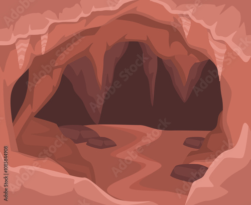 Scene inside cave. Natural panorama and landscape. Orange dark cave with stalagmites Mine with soil and rocks, minerals and stones. Mysterious scenery. Flat vector illustration