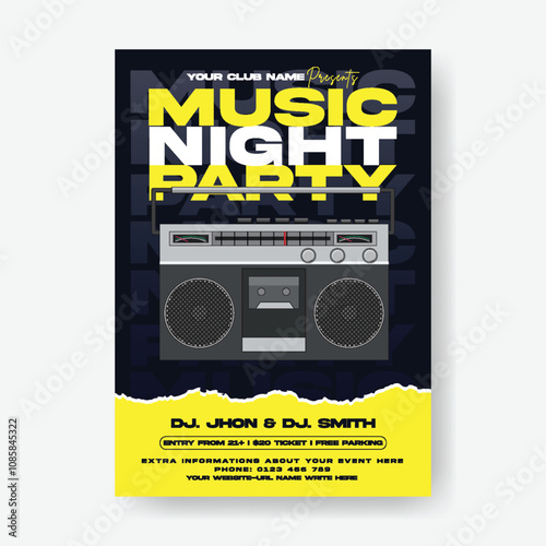 Nightclub party flyer or poster template, Dj music party event flyer, holidays festivals and events invitation party poster, electronic music, disco flyer poster, night party leaflet, brochure  cover