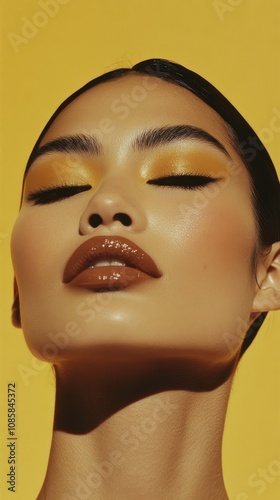 Edgy model with matte yellow blush, bleached brows, brown lips, sleek hair, shot on film with visible skin texture, pores, wrinkles,